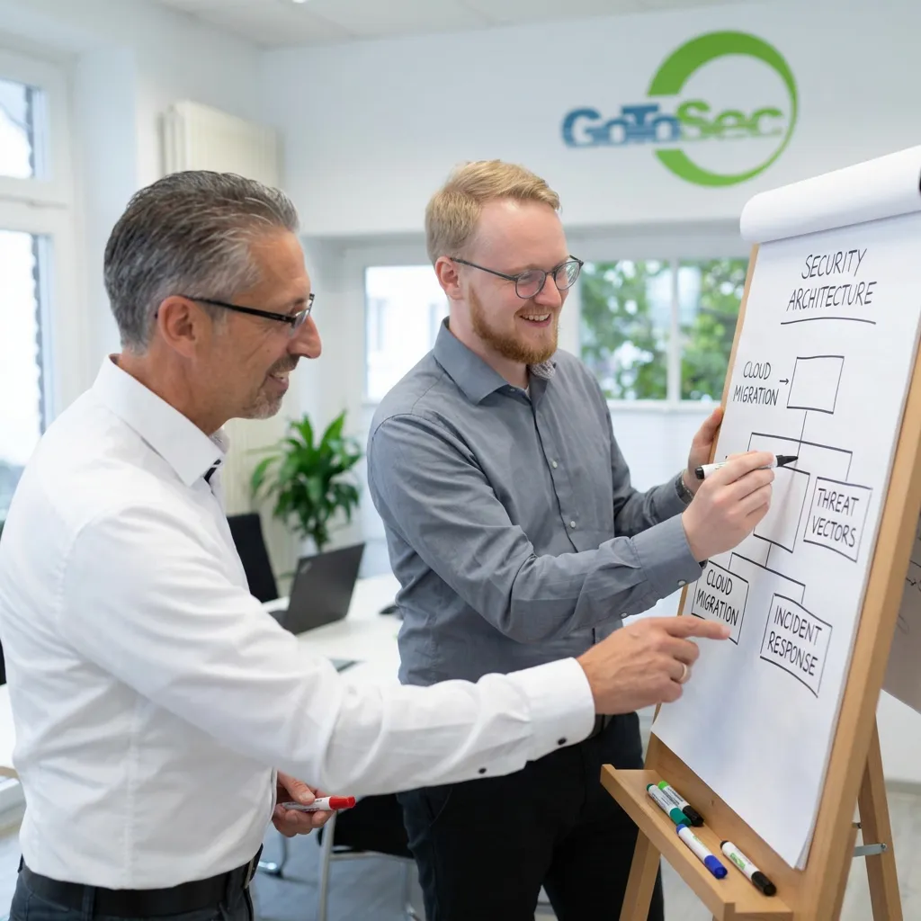 GoToSec-Berater am Whiteboard mit Sicherheitsarchitektur